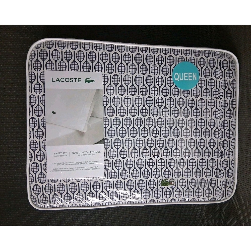 NIP Lacoste Queen 4-Piece 100% Cotton Percale Racquet Sheet Set Navy Blue
